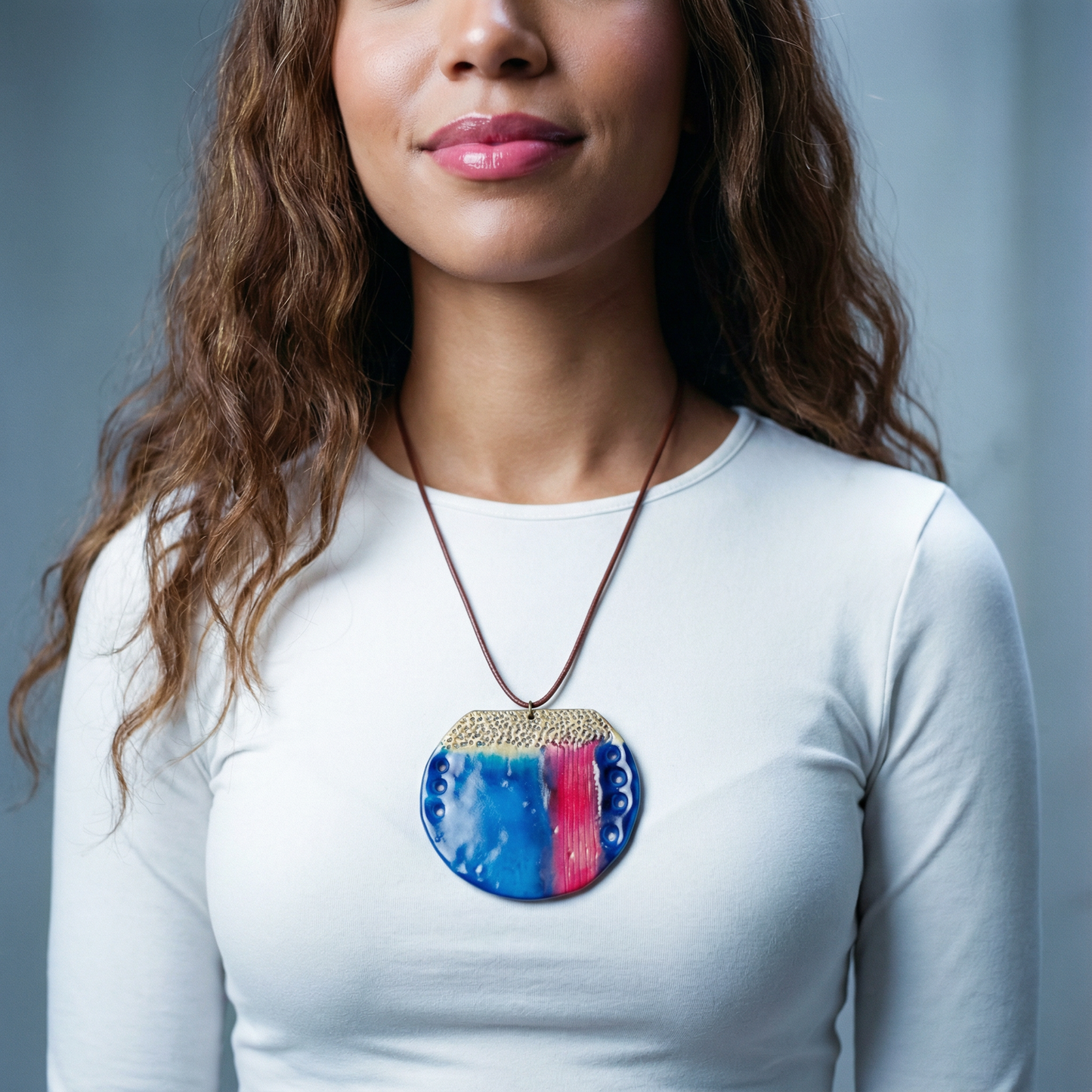 Abstract Circle Pendant Necklace | Blue, Pink & Gold Polymer Clay