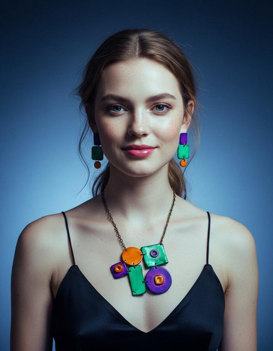 Woman wearing colorful jewelry against a blue background