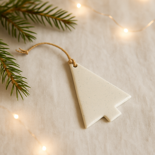 White ceramic Christmas tree ornament on a beige surface with green branches and string lights in the background.