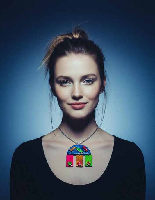 Woman wearing a colorful necklace against a blue background