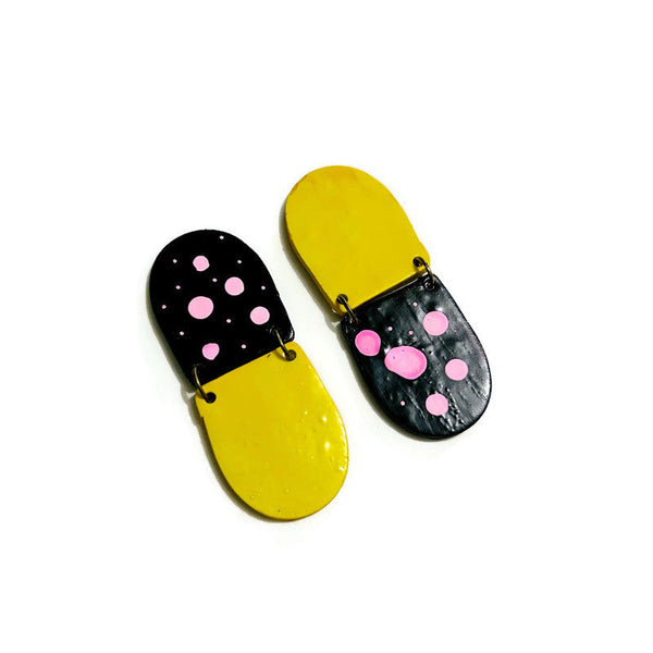 Black & Yellow Mismatched Statement Earrings with Polka Dots- "Ray"