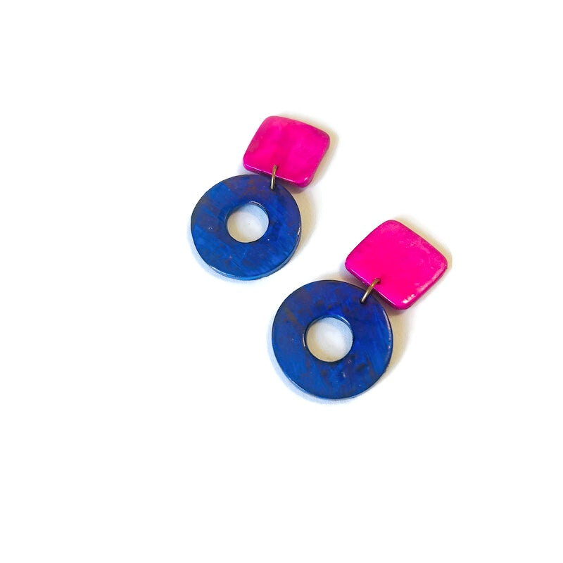 Square & Hoop Geometric Statement Earrings Post or Clip Ons- "Holly"