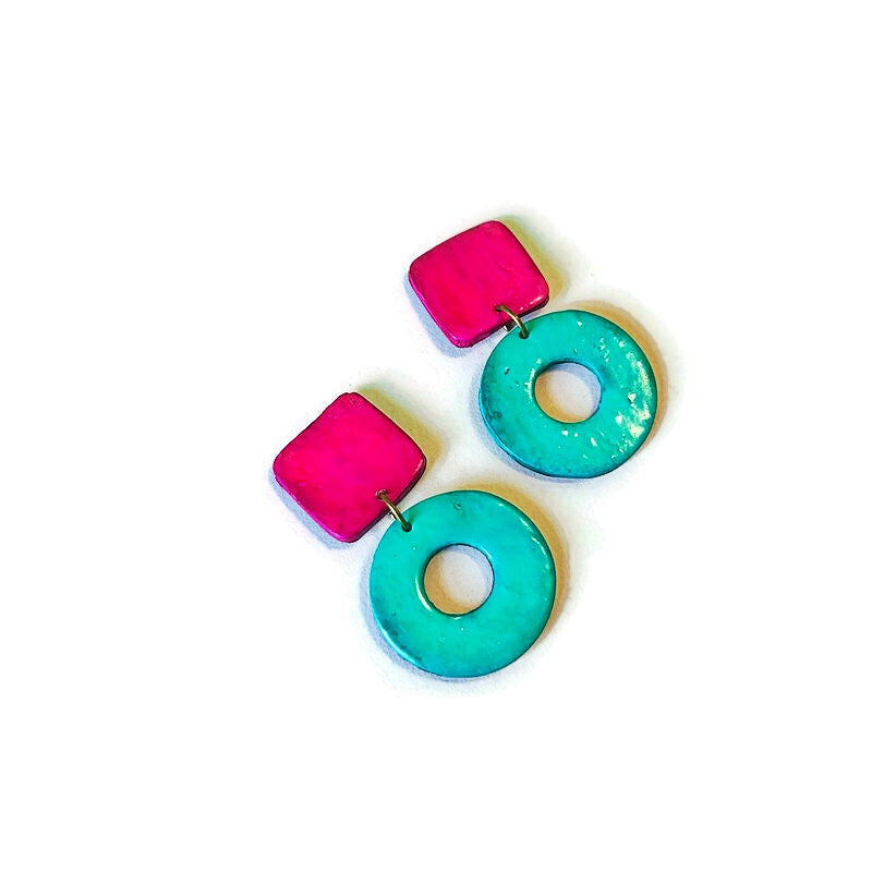 Square & Hoop Geometric Statement Earrings Post or Clip Ons- "Holly"