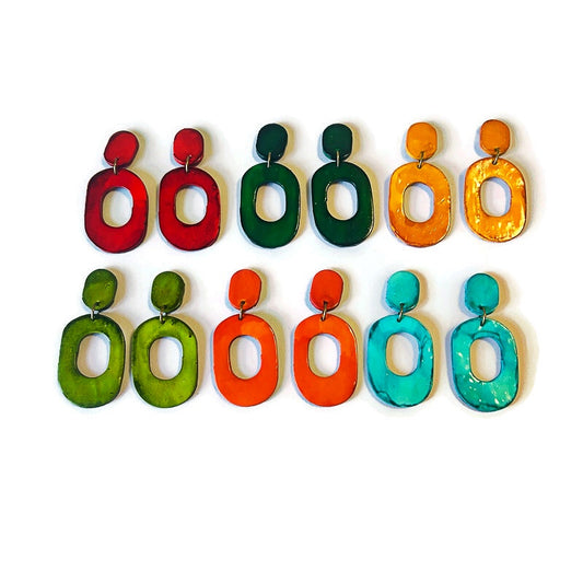 Hand Painted Oval Hoop Statement Earrings, Post or Clip On – "Pam"