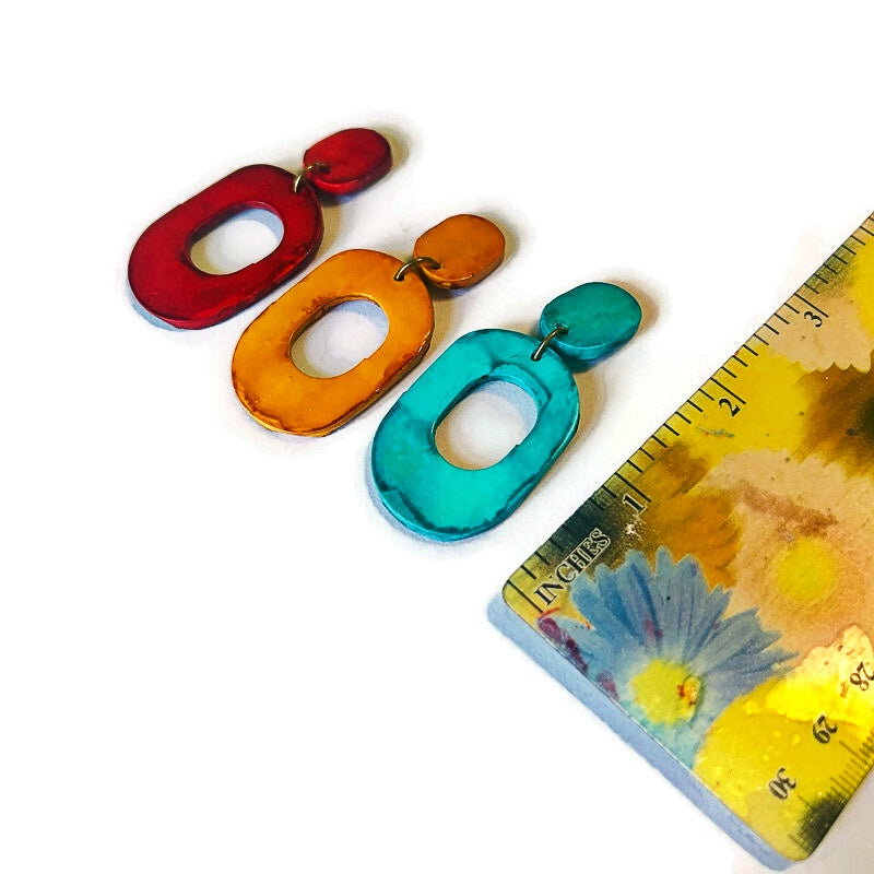 Hand Painted Oval Hoop Statement Earrings, Post or Clip On – "Pam"