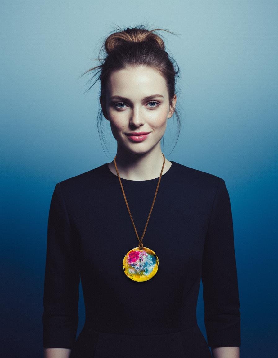 Woman wearing a colorful necklace against a blue background