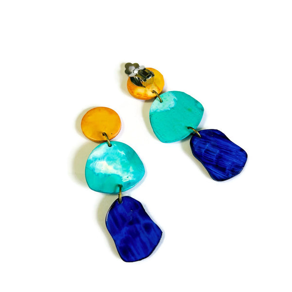 Long Statement Earrings, Bright Colorful Drop Dangles or Clip Ons