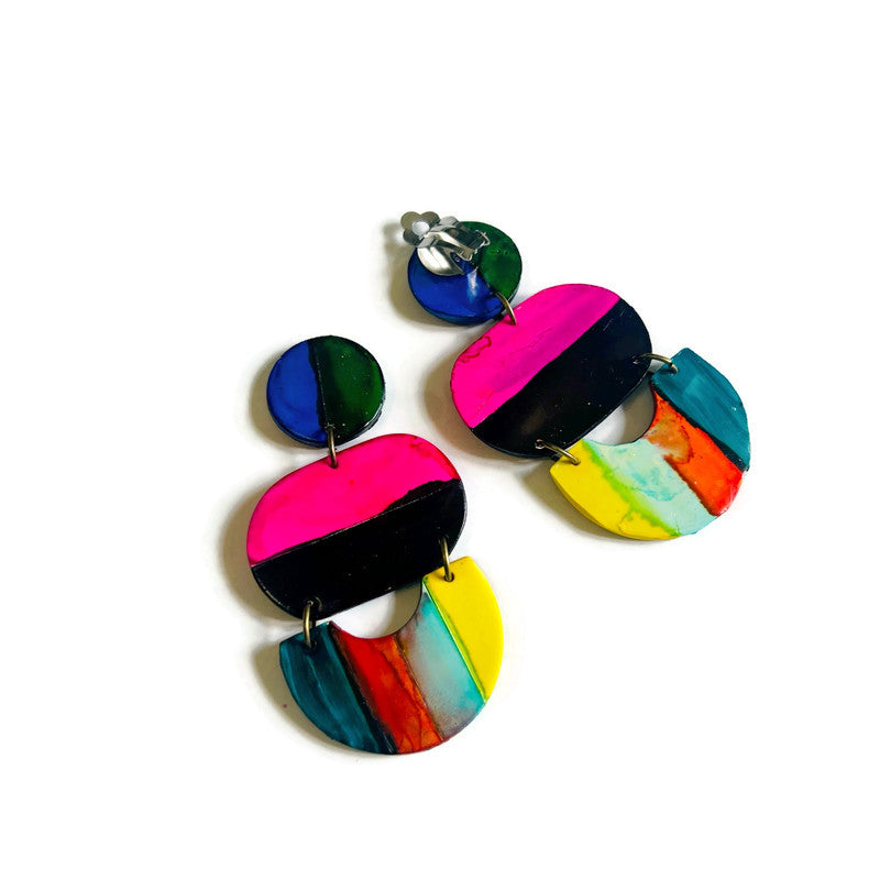 Oversized Multicolor Striped Statement Earrings Handmade