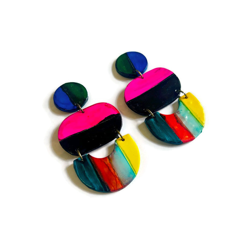 Oversized Multicolor Striped Statement Earrings Handmade
