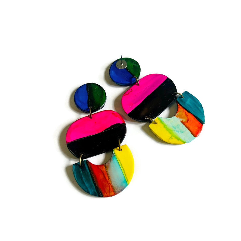 Oversized Multicolor Striped Statement Earrings Handmade