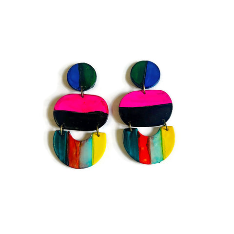 Oversized Multicolor Striped Statement Earrings Handmade