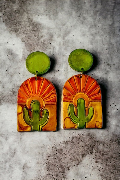 Cactus Clip On Earrings with Desert Sunrise, Southwestern Jewelry Handmade