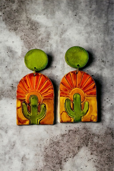 Cactus Statement Earrings with Desert Sunrise, Handmade from Clay