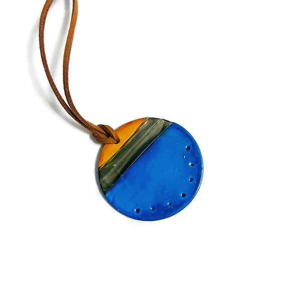 Blue Disc Pendant Necklace Handmade