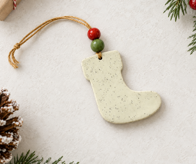 Handmade clay Christmas stocking ornament, speckled cream with twine loop and red green beads
