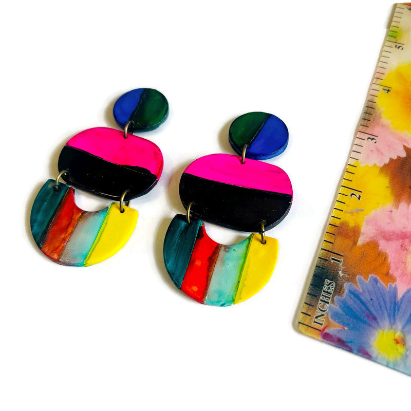 Oversized Multicolor Striped Statement Earrings Handmade