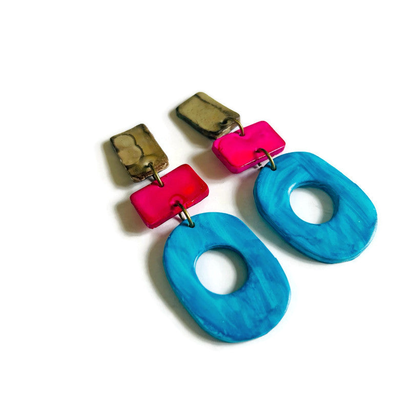 Long Colorful Earrings in Blue, Pink & Grey