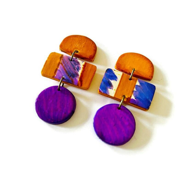 Abstract Statement Earrings in Orange Purple White - Sassy Sacha Jewelry