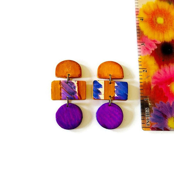 Abstract Statement Earrings in Orange Purple White - Sassy Sacha Jewelry