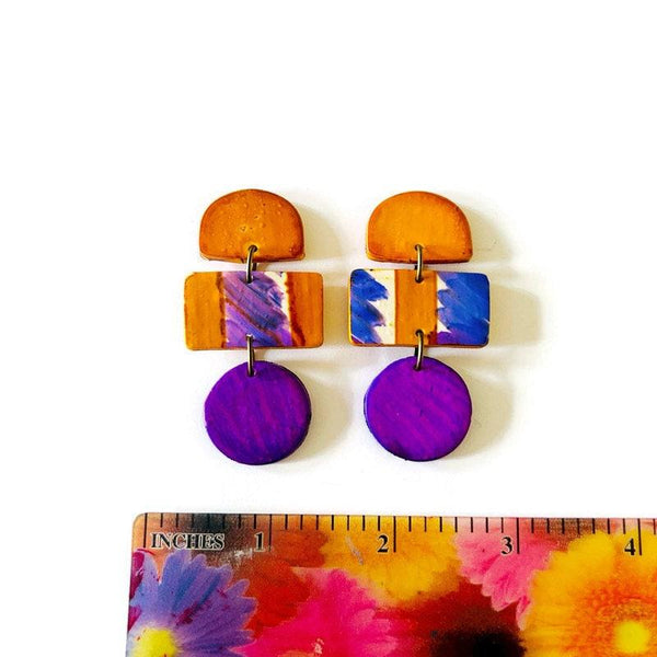 Abstract Statement Earrings in Orange Purple White - Sassy Sacha Jewelry