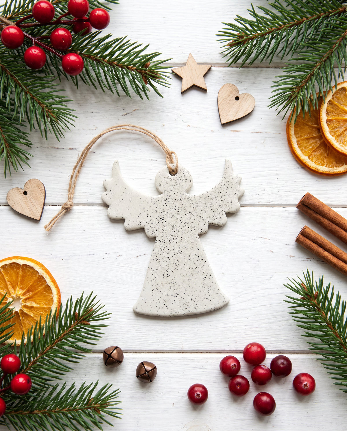 Handmade clay angel Christmas ornament with hanging loop, speckled white finish