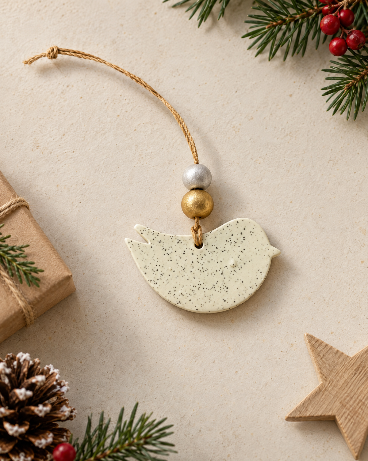 Handmade speckled clay bird ornament hanging on twine with silver and gold beads