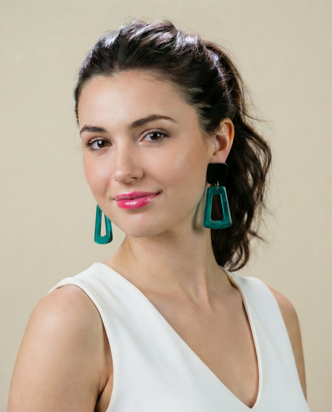 Art Deco Clip On Earrings Hand Painted Black & Teal- "Ava"