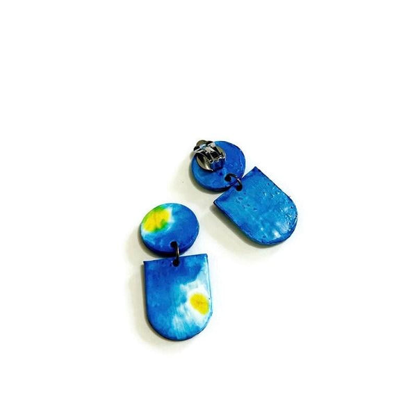 Blue Abstract Clip On Statement Earrings Handmade - Sassy Sacha Jewelry