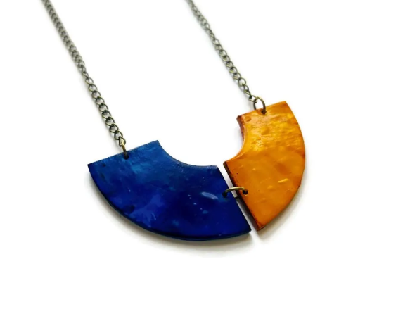 Yellow & Indigo Pendant Necklace – Handmade from Polymer Clay, Semi Circle Statement Piece