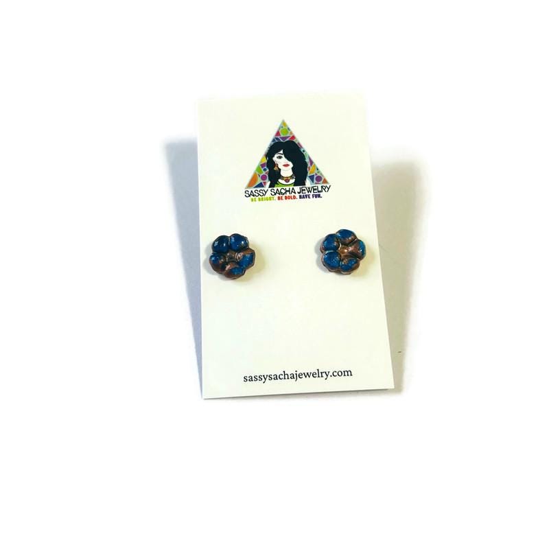 Dark blue floral flower stud earrings, small handmade pair