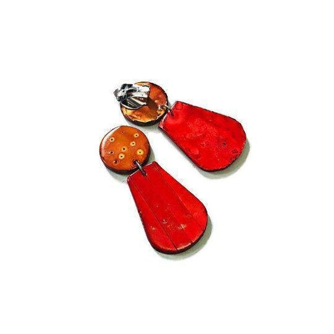 Bright Clip On Statement Earrings in Red & Yellow- "Belle" - Sassy Sacha Jewelry