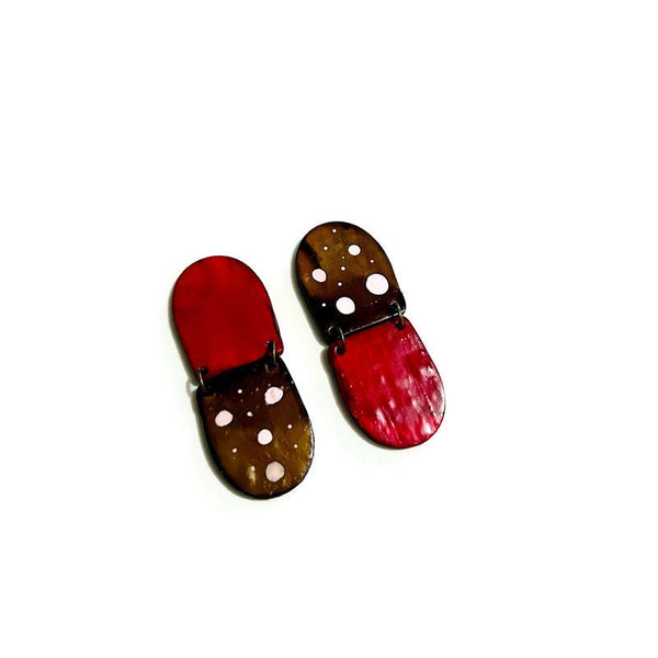 Brown & Red Clip On Statement Earrings with Polka Dots- "Ray" - Sassy Sacha Jewelry