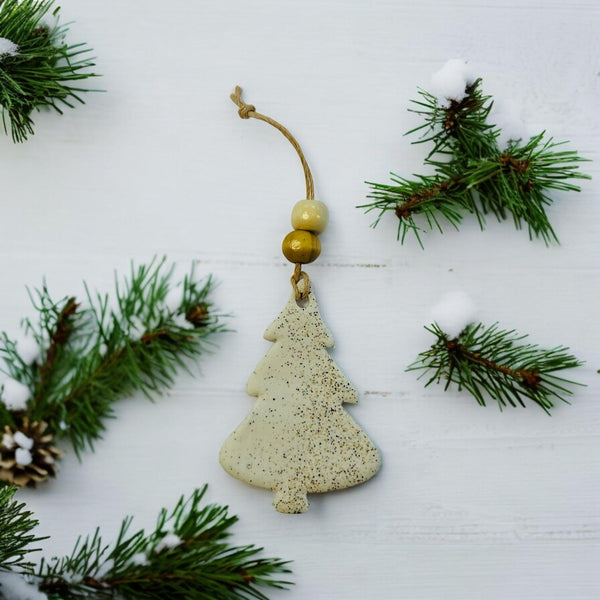 Christmas Tree Shaped Ornament Handmade from Clay & Nova Scotia Beach Sand - Sassy Sacha Jewelry