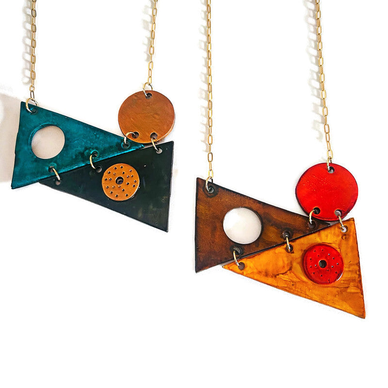 Multicolour Geometric Statement Necklace in Black Teal Copper
