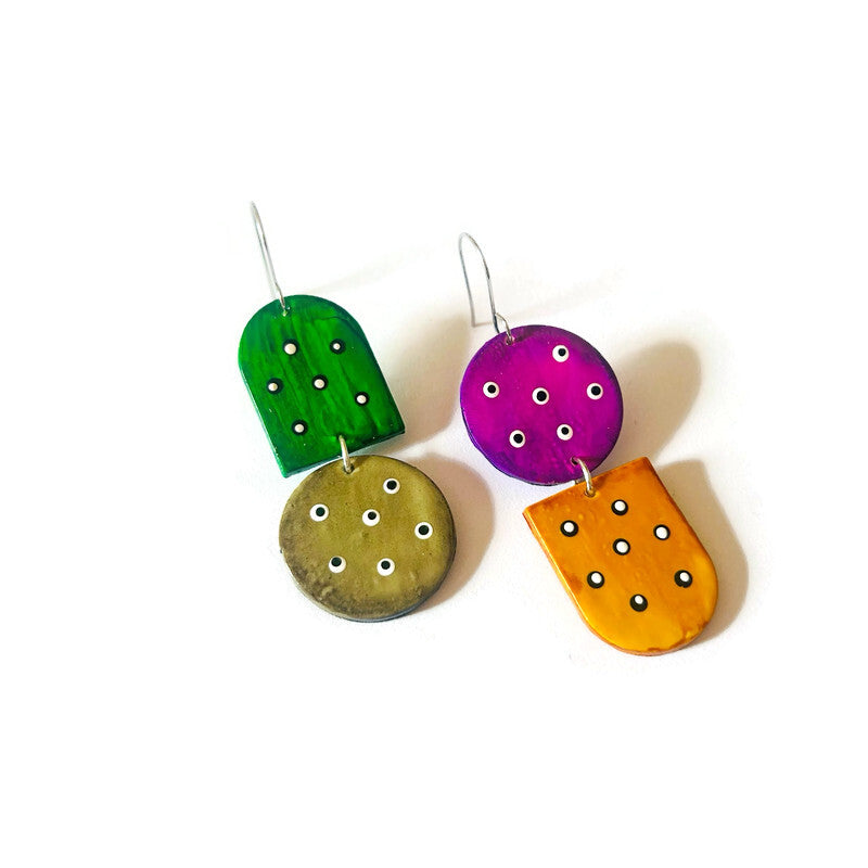 Colorful Mismatched Dangle Earrings with Polka Dots
