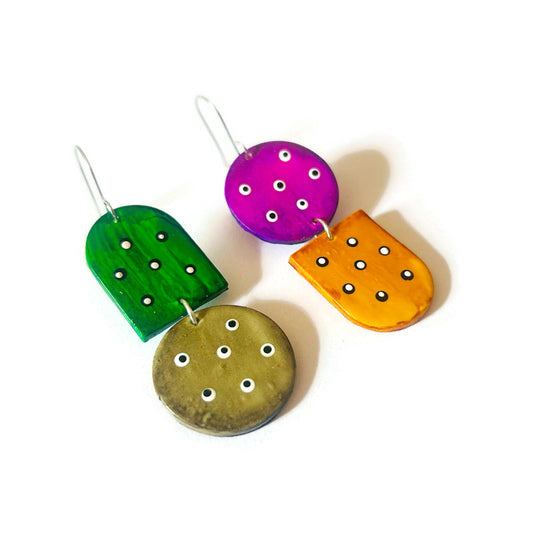 Colorful Mismatched Dangle Earrings with Polka Dots