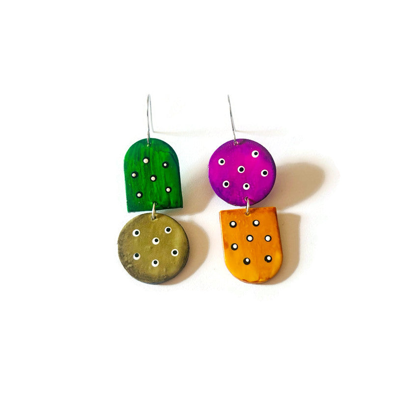 Colorful Mismatched Dangle Earrings with Polka Dots