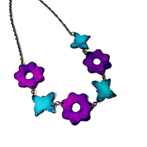 Colorful Beaded Necklace with Flowers & Butterflies in Turquoise and Purple - Sassy Sacha Jewelry