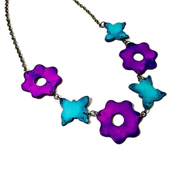 Colorful Beaded Necklace with Flowers & Butterflies in Turquoise and Purple - Sassy Sacha Jewelry