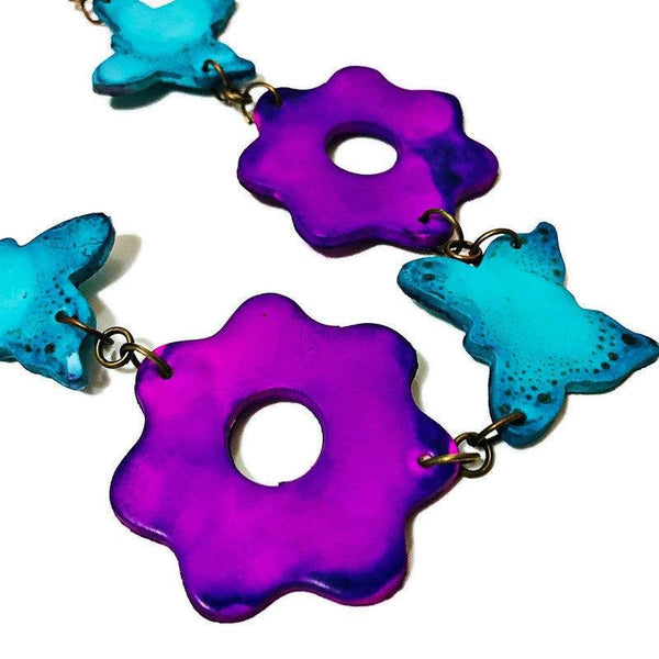 Colorful Beaded Necklace with Flowers & Butterflies in Turquoise and Purple - Sassy Sacha Jewelry