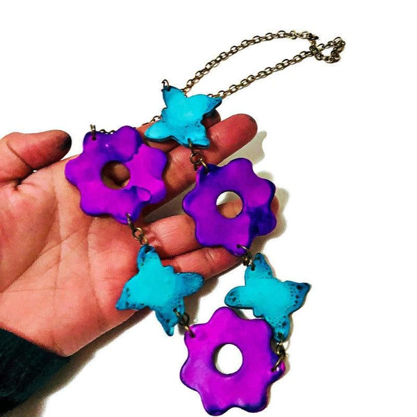 Colorful Beaded Necklace with Flowers & Butterflies in Turquoise and Purple - Sassy Sacha Jewelry