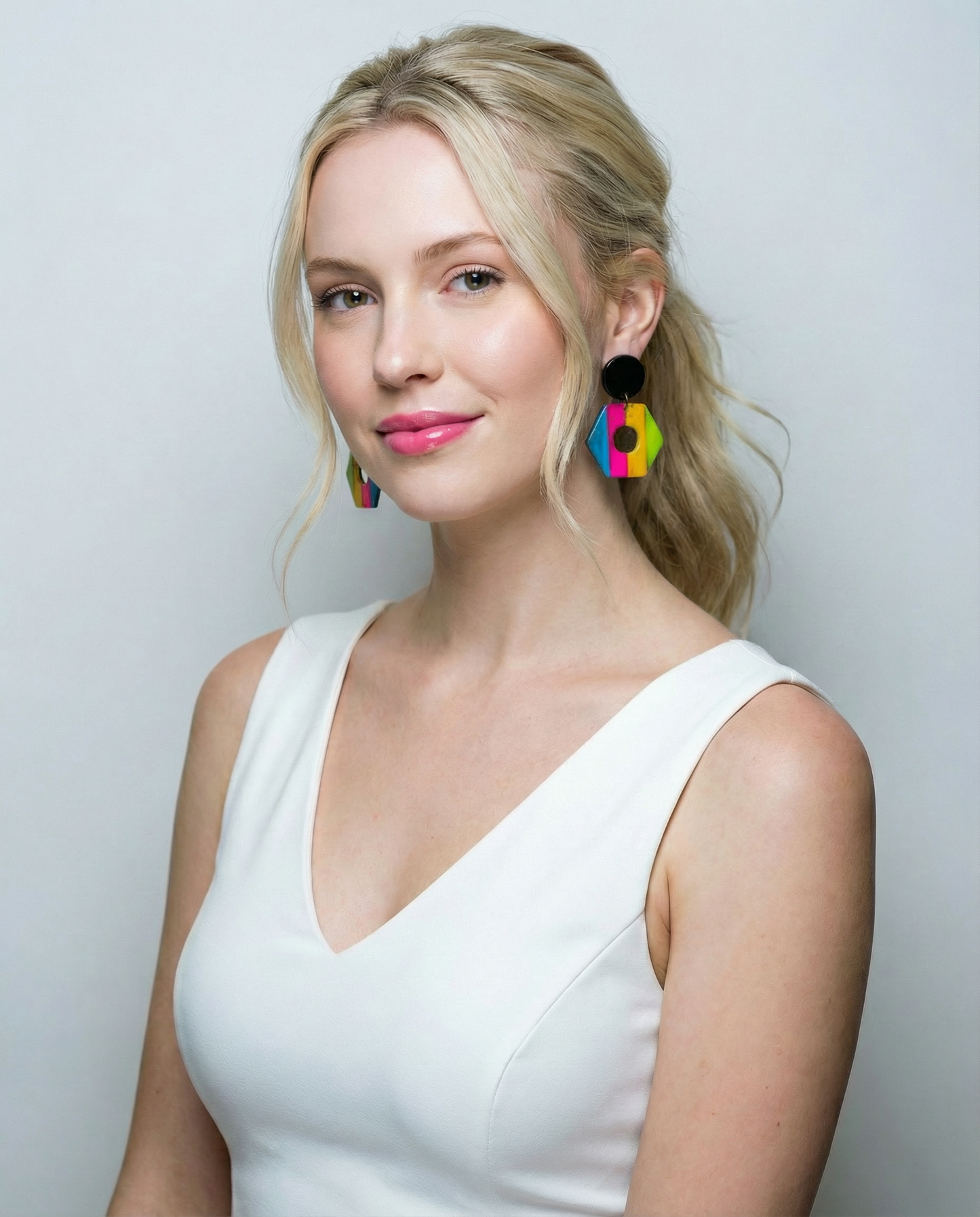 Colorful Hexagon Earrings Post or Clip On Earrings