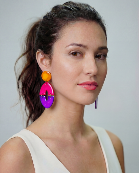 Yellow & Two Tone Blue Statement Earrings, Handmade Clay Earrings for Summer
