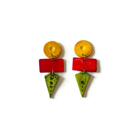 Earth Tone Statement Earrings in Yellow Red Green, Post or Clip On Earrings - Sassy Sacha Jewelry