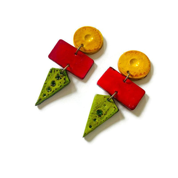 Earth Tone Statement Earrings in Yellow Red Green, Post or Clip On Earrings - Sassy Sacha Jewelry