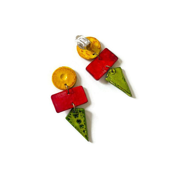 Earth Tone Statement Earrings in Yellow Red Green, Post or Clip On Earrings - Sassy Sacha Jewelry