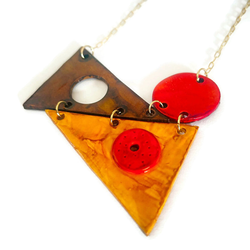 Multicolour Geometric Statement Necklace in Black Teal Copper