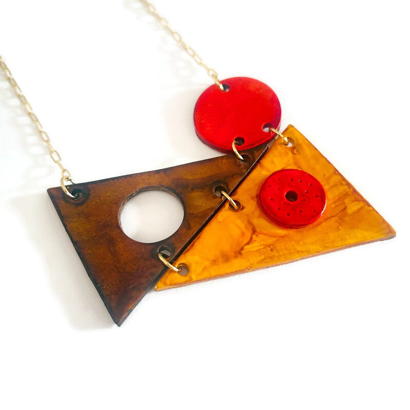 Multicolour Geometric Statement Necklace in Black Teal Copper