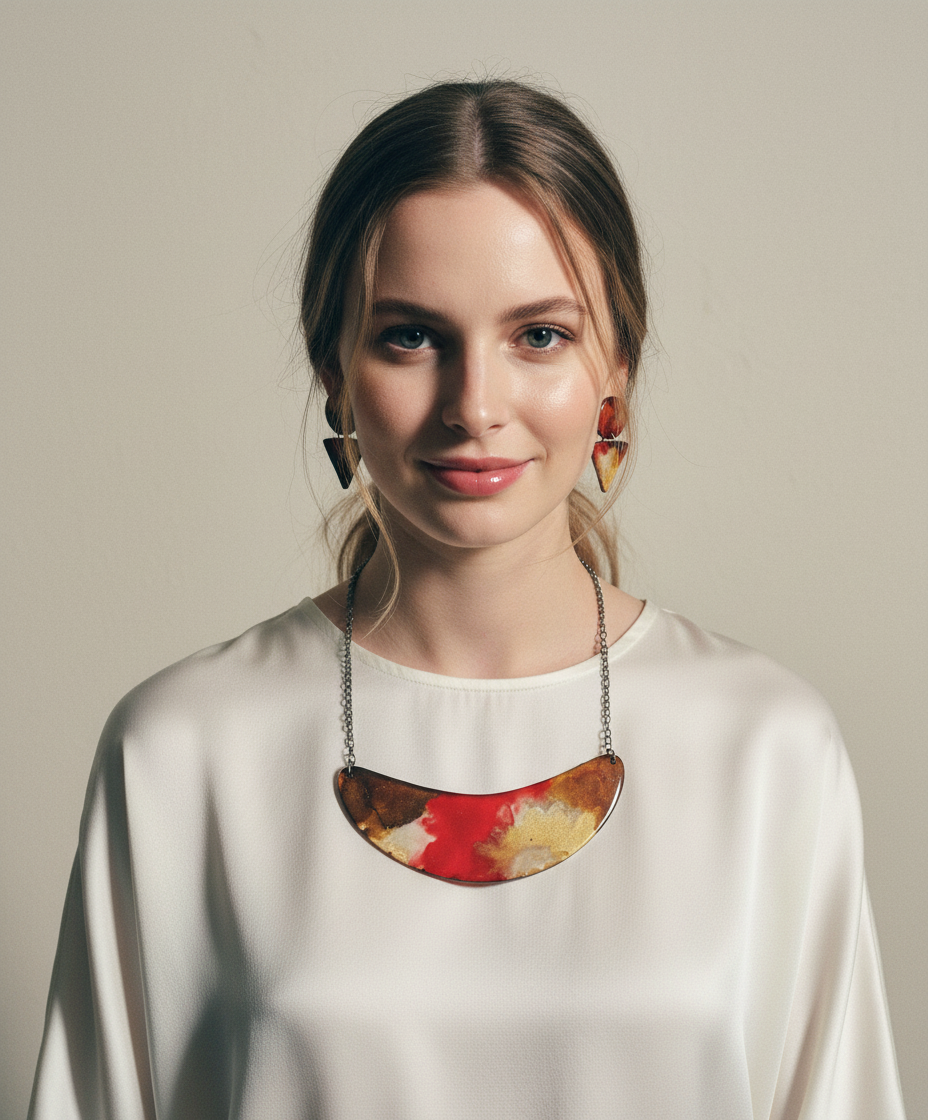 Woman wearing a colorful necklace against a neutral background