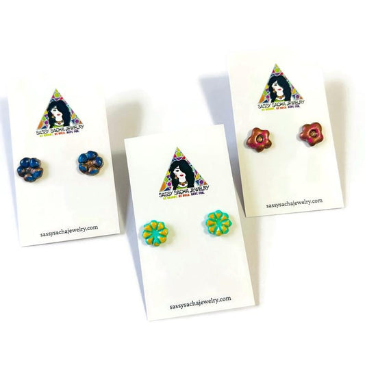 Mixed color floral stud earrings: dark blue, pink, and teal flower stud pairs